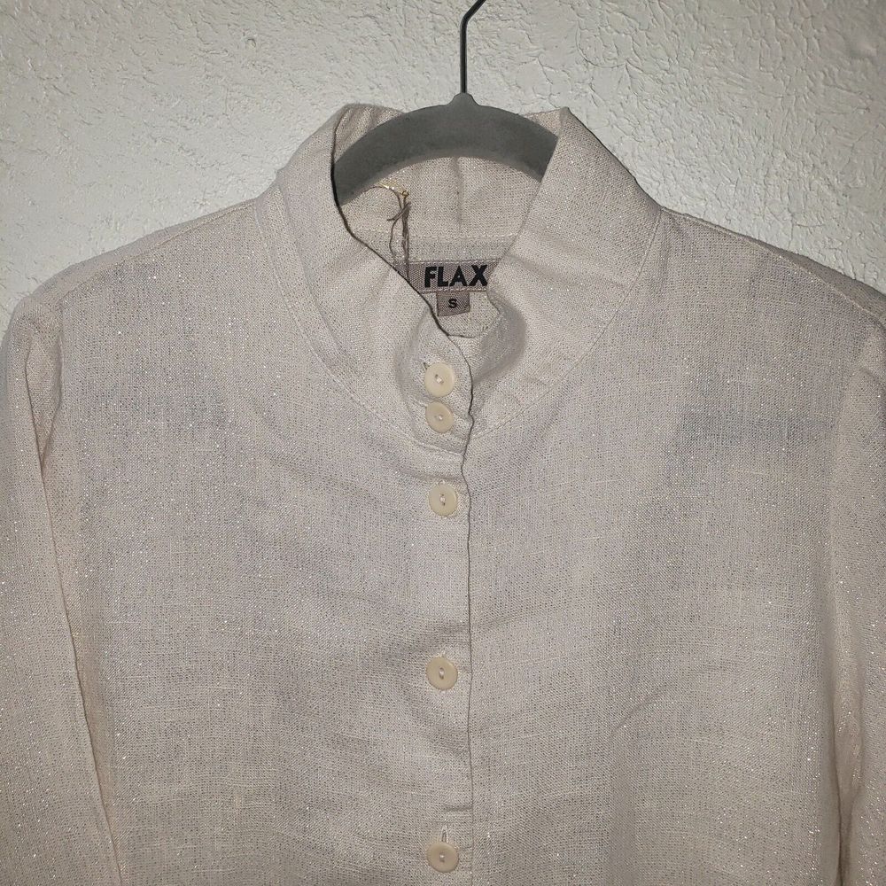 NWT Flax Linen Sparkly Button Front Shirt Sz S Oversized Womens Ivory Beige Top - Picture 2 of 9